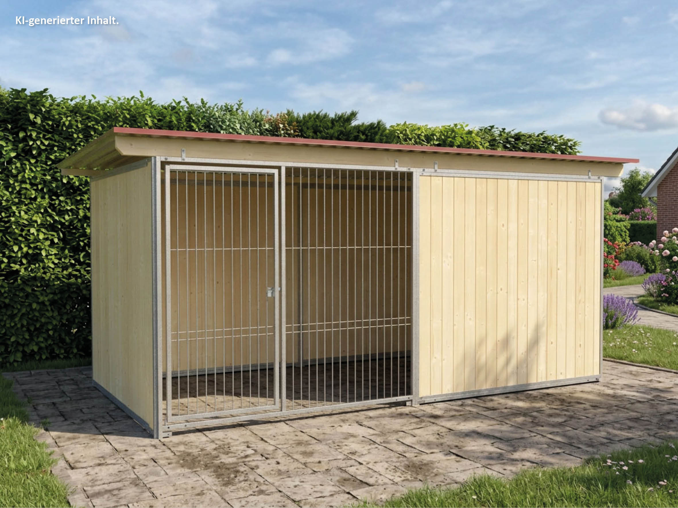 Hundezwinger mit  Wellblechdach und Seitenwänden aus Holzbrettern eingefasst in Stahlrahmen