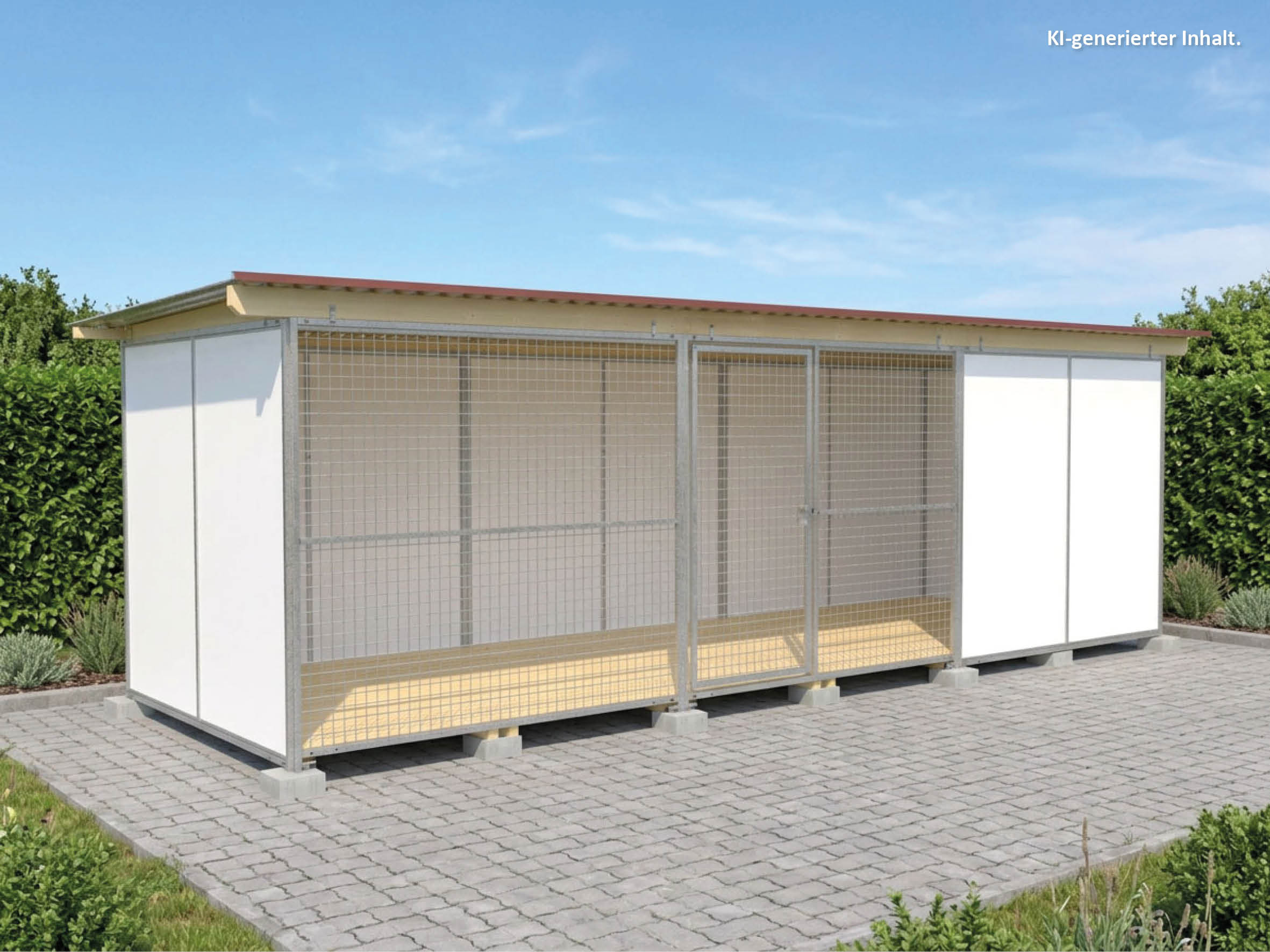 Europa-Hundezwinger Schutzecke 2 x 6 m  mit Gitterfront, Dach und Holzboden