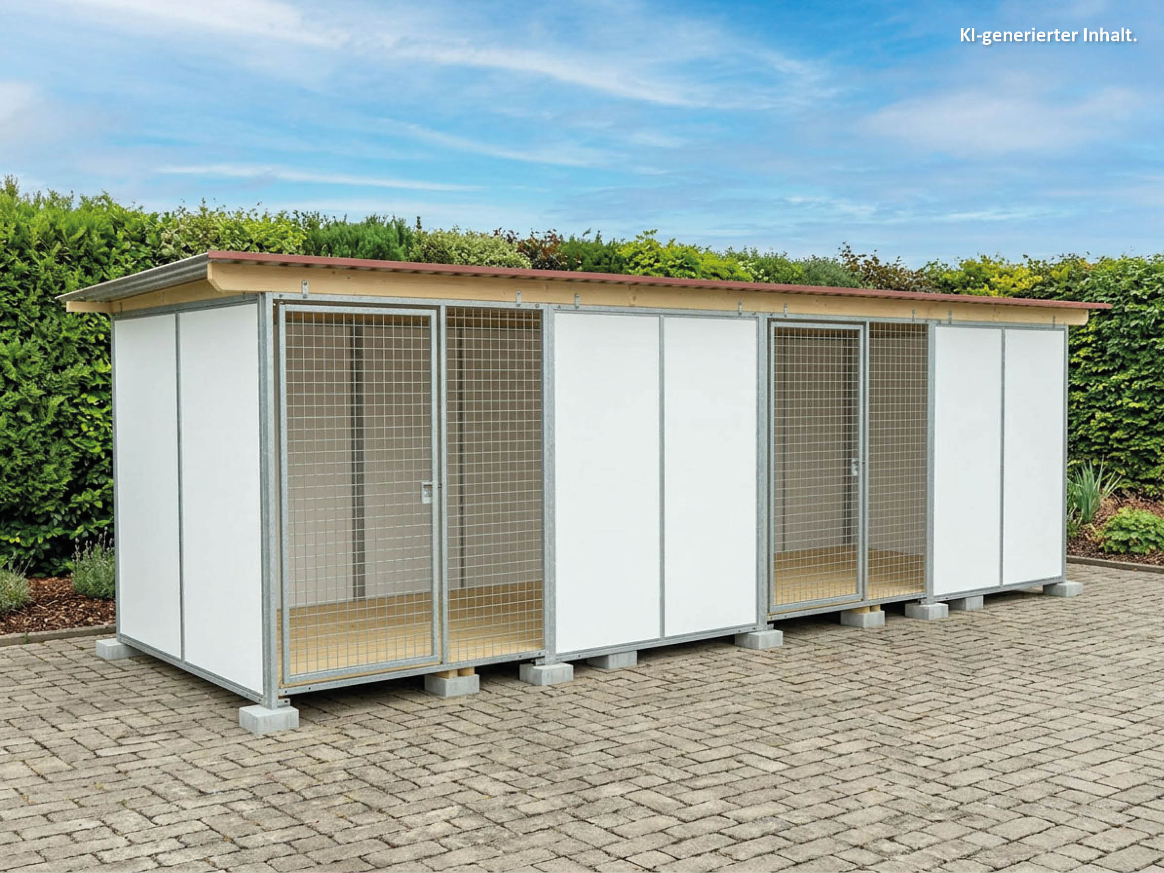 Europa-Hundezwinger Schutzecke 2 x 6 m einmal unterteilt mit zwei Türen, mit Gitterfront, Dach und Holzboden