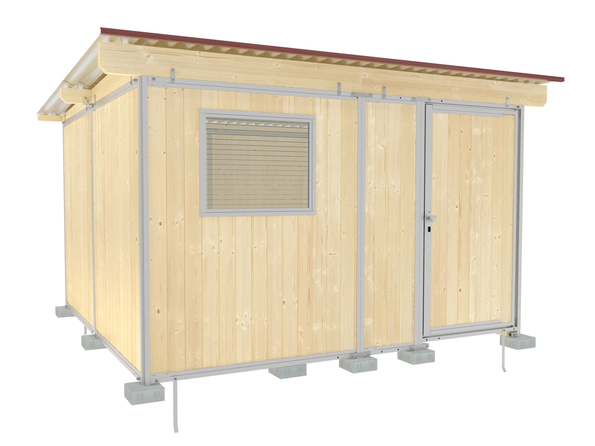 Geräteschuppen 3x3 m für den Garten mit Pultdach, Fenster vorne und Holzboden