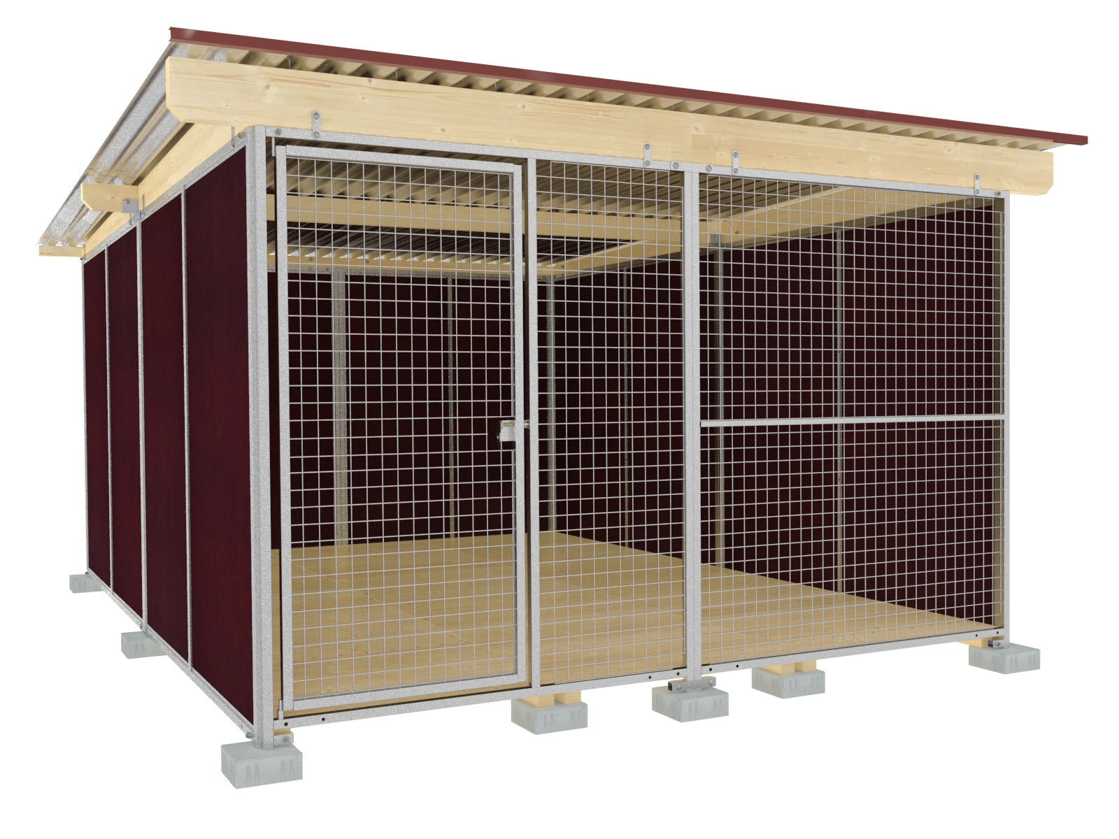 Großer Hundezwinger mit Wänden aus braunen Mehrschichtplatten mit glatter Oberfläche