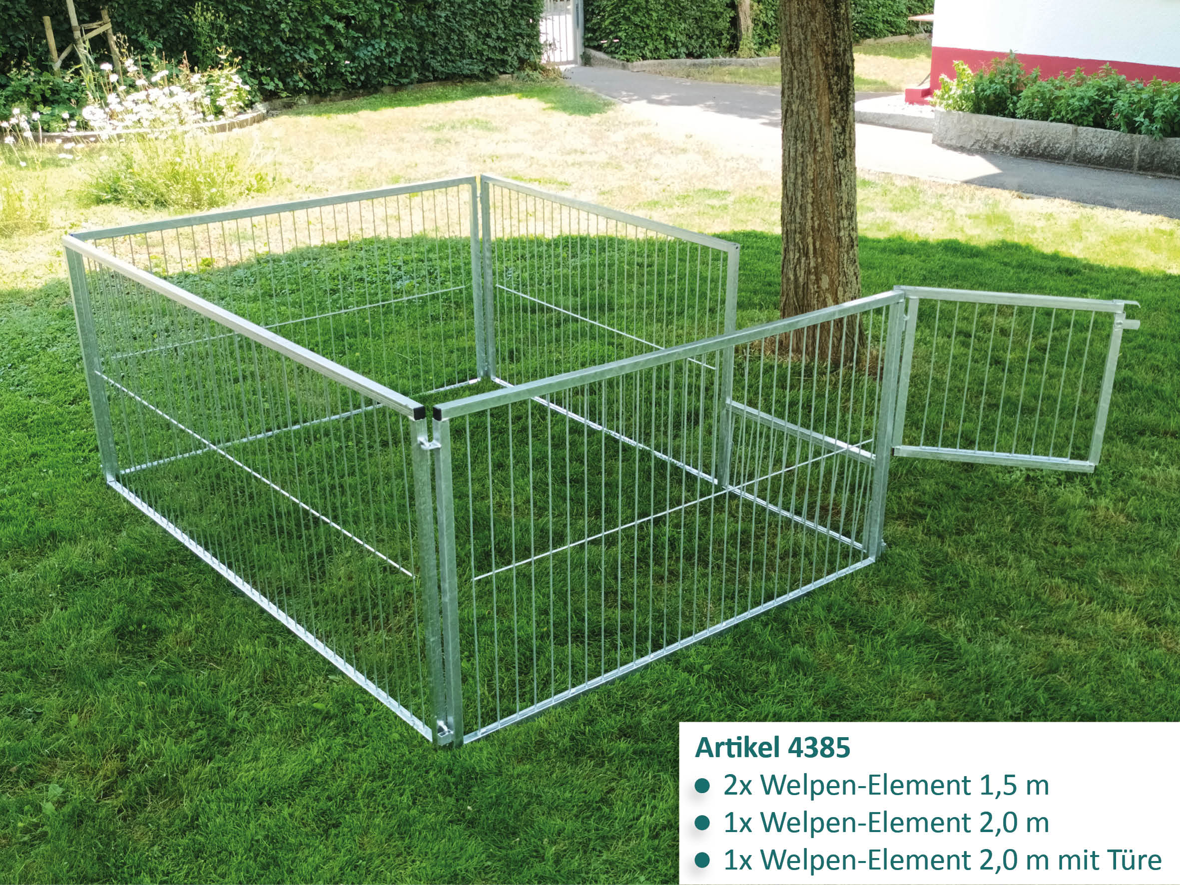 Robuster Welpenauslauf mit Elementen aus 4-Kantrohren und Stabmatte