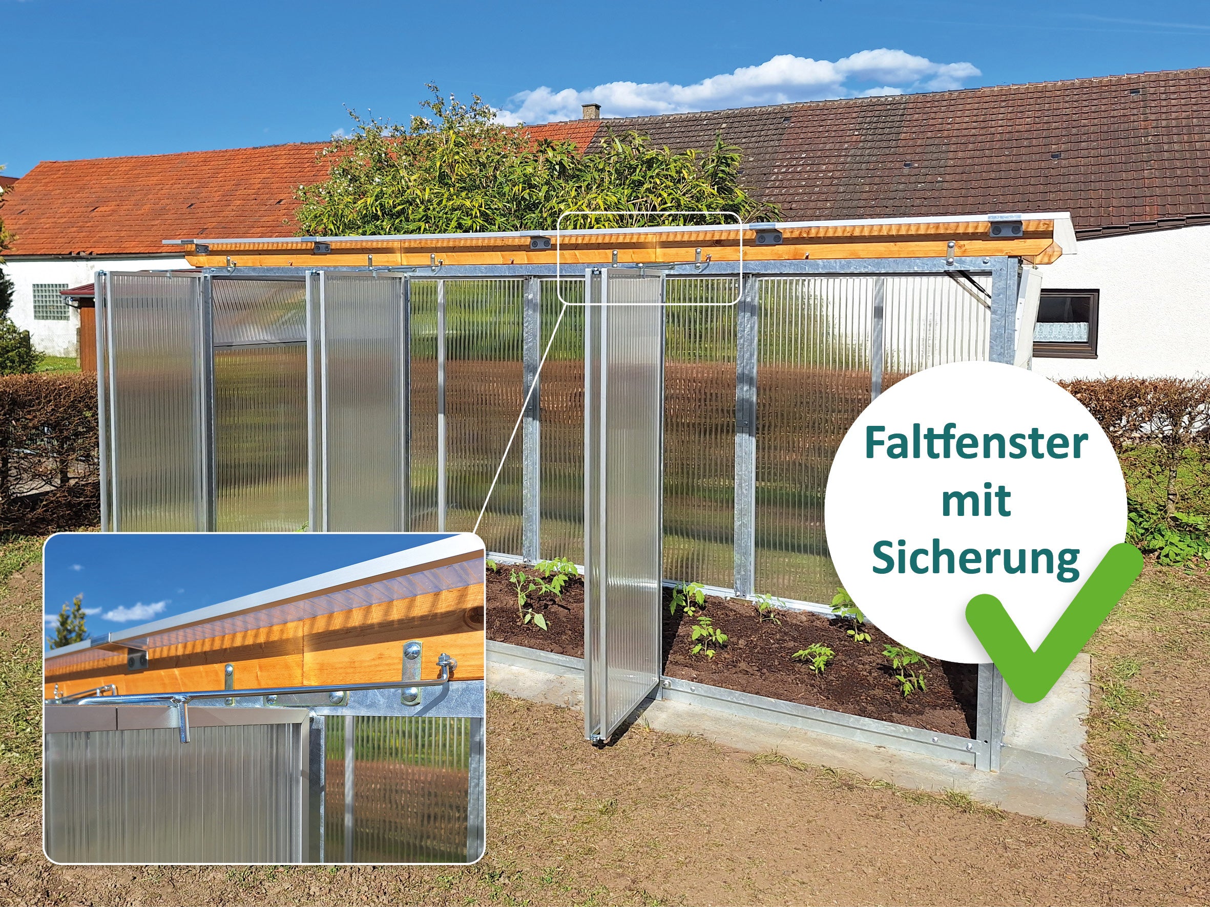 Flügeltür mit Sicherung für ein Gewächshaus